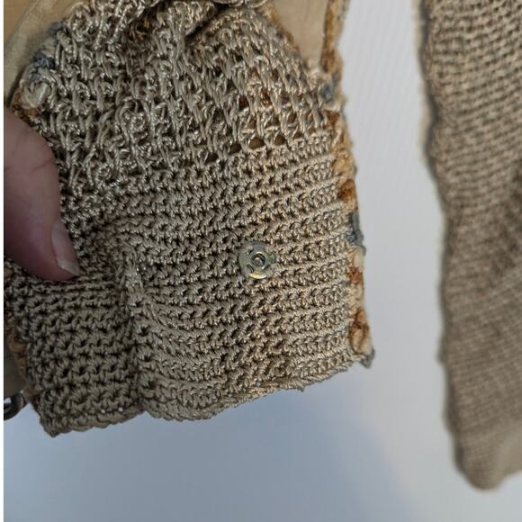 Vintage 80's Norma Canada Crochet & Leather Patch Sweater Sheer Tan SEE Measure - Picture 10 of 11